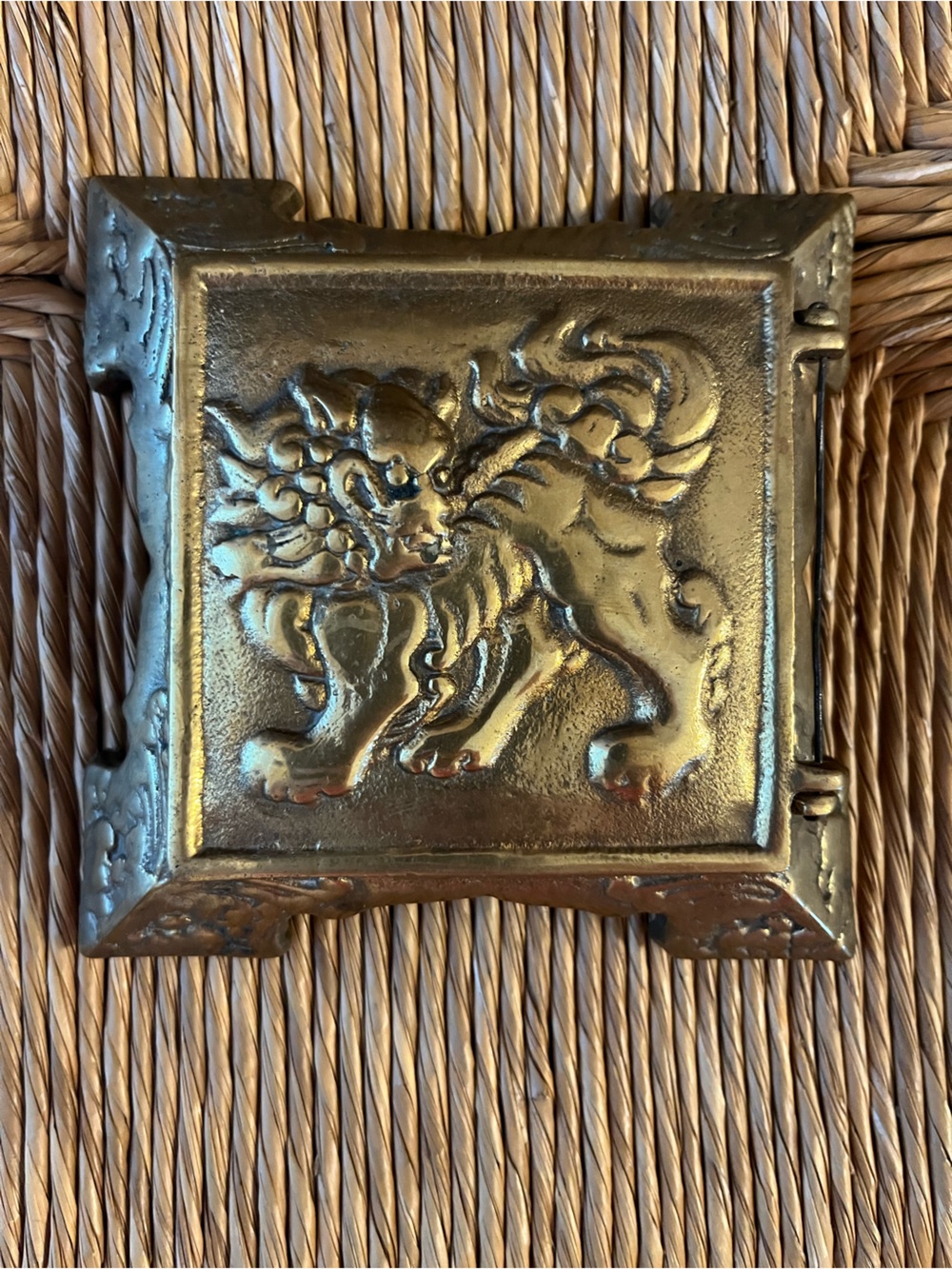 Vintage Solid Brass Foo Dog Trinket Box 3.5" Hinged Felt Lined Jewelry Case